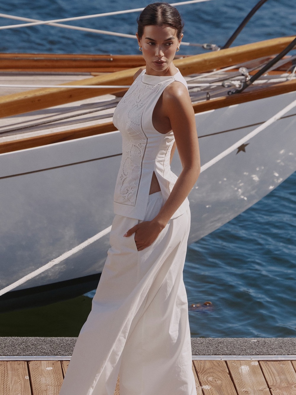 House of CB VALENCIA White Cotton Placement Lace Broderie Anglais Boat Neck Top - Picture 7 of 14